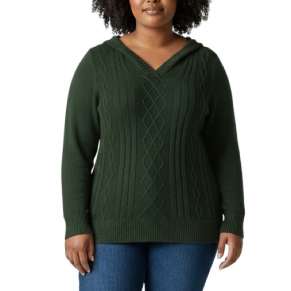 Market & Spruce Afon Hooded Sweater Plus Size 3X Spruce Cable Knit Pullover